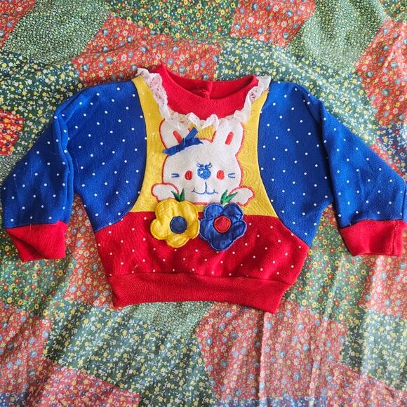 VTG Baby Colorblock Polka Dot Dolman Sleeve w Bunny & Flowers Sweatshirt - Picture 1 of 6